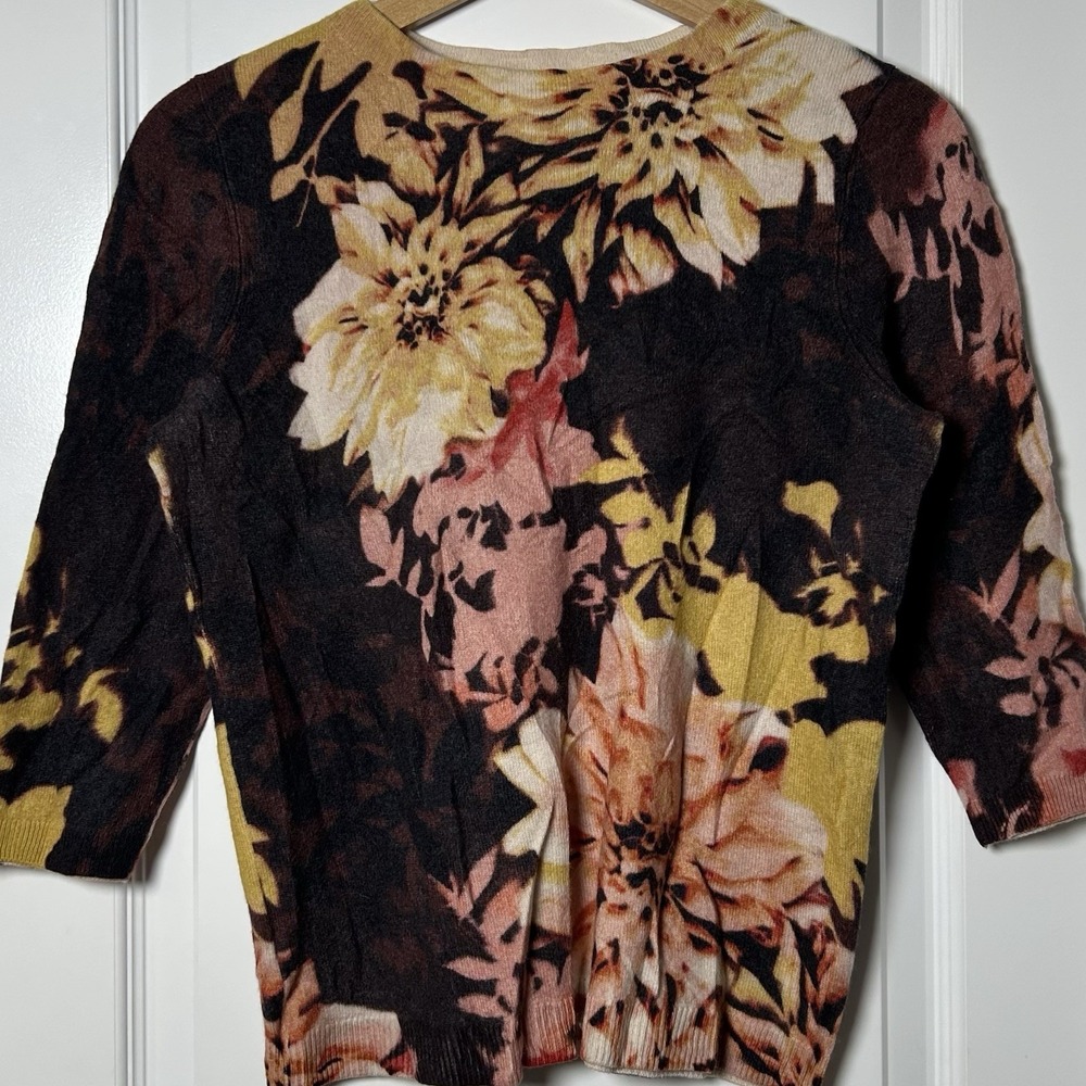 Talbots Petites Pure Cashmere Dark Floral Painterly Dahlia Print Cropped Sweater